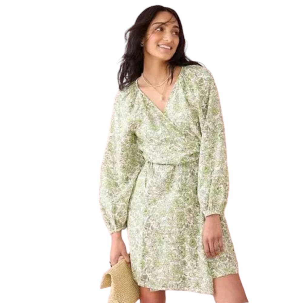 J.Crew Linen Cottagecore Floral Wrap Dress Sage Ivory Boho Midi BI594